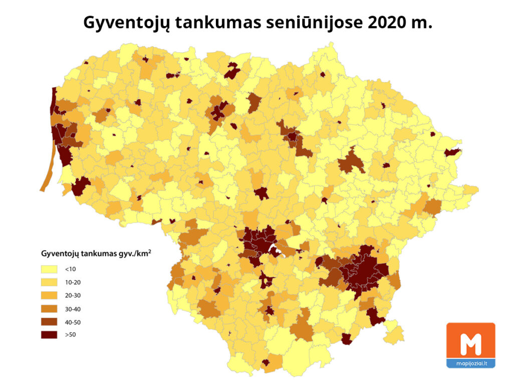 Gyventojų tankumas Lietuvoje 2020 m.